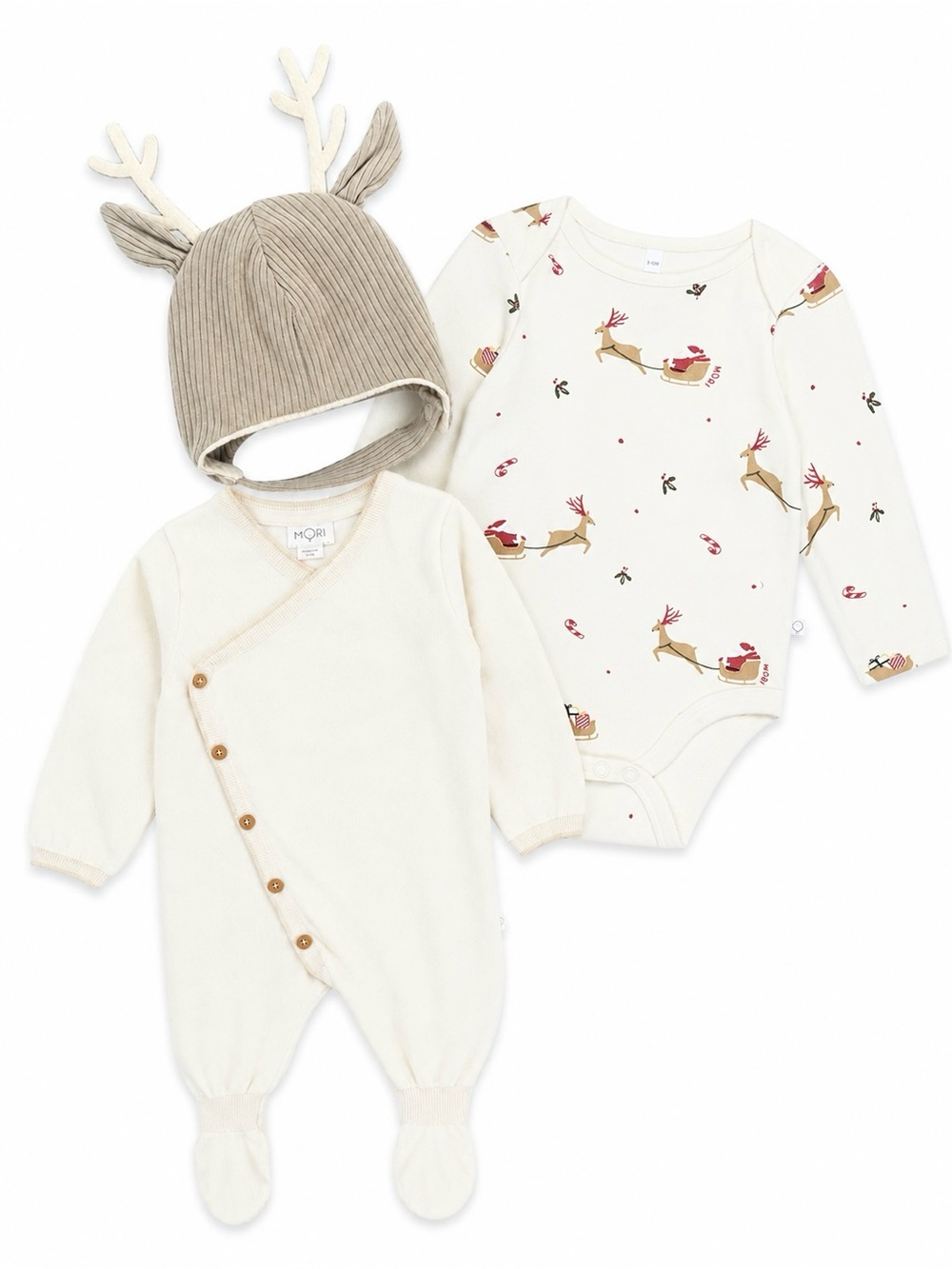 MORI Baby Christmas Reindeer 3-Piece Set Bodysuit Romper Hat 3-6M